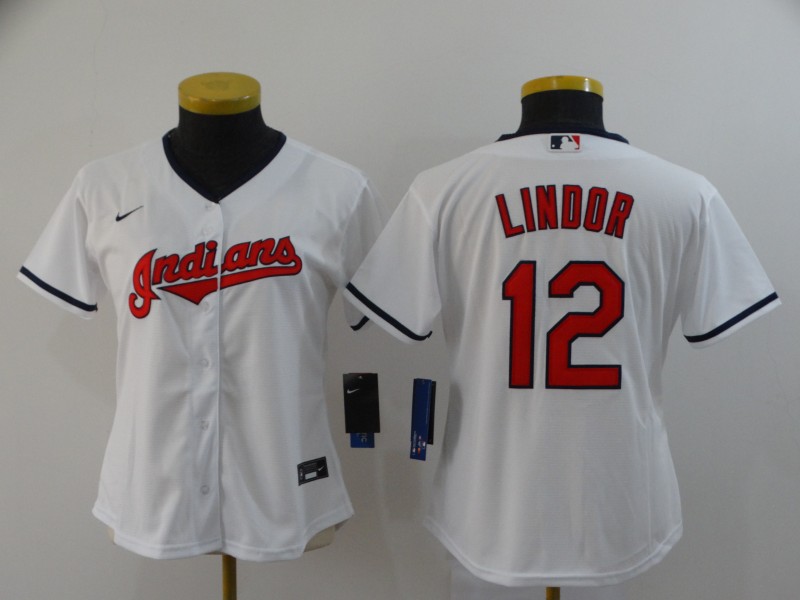 Women's Cleveland Indians #12 Francisco Lindor White Stitched MLB Jersey(Run Small)